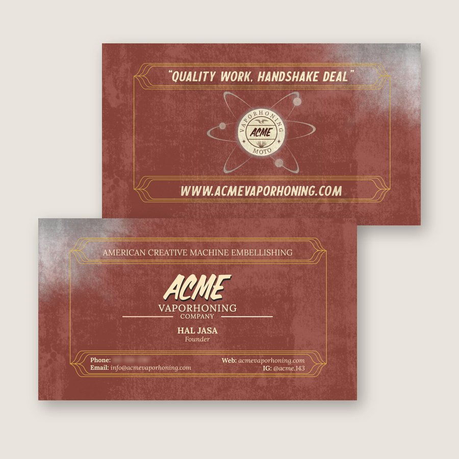 Front and back of the ACME Vaporhoning Company business card: distressed red stock with gold frames, the ACME wordmark on the front and an atom badge logo on the back