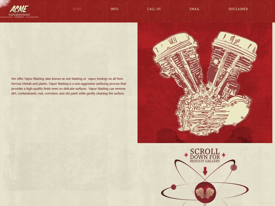ACME Vaporhoning Company website: a distressed red header with the ACME wordmark, a cream panel describing vapor blasting, and an illustrated engine