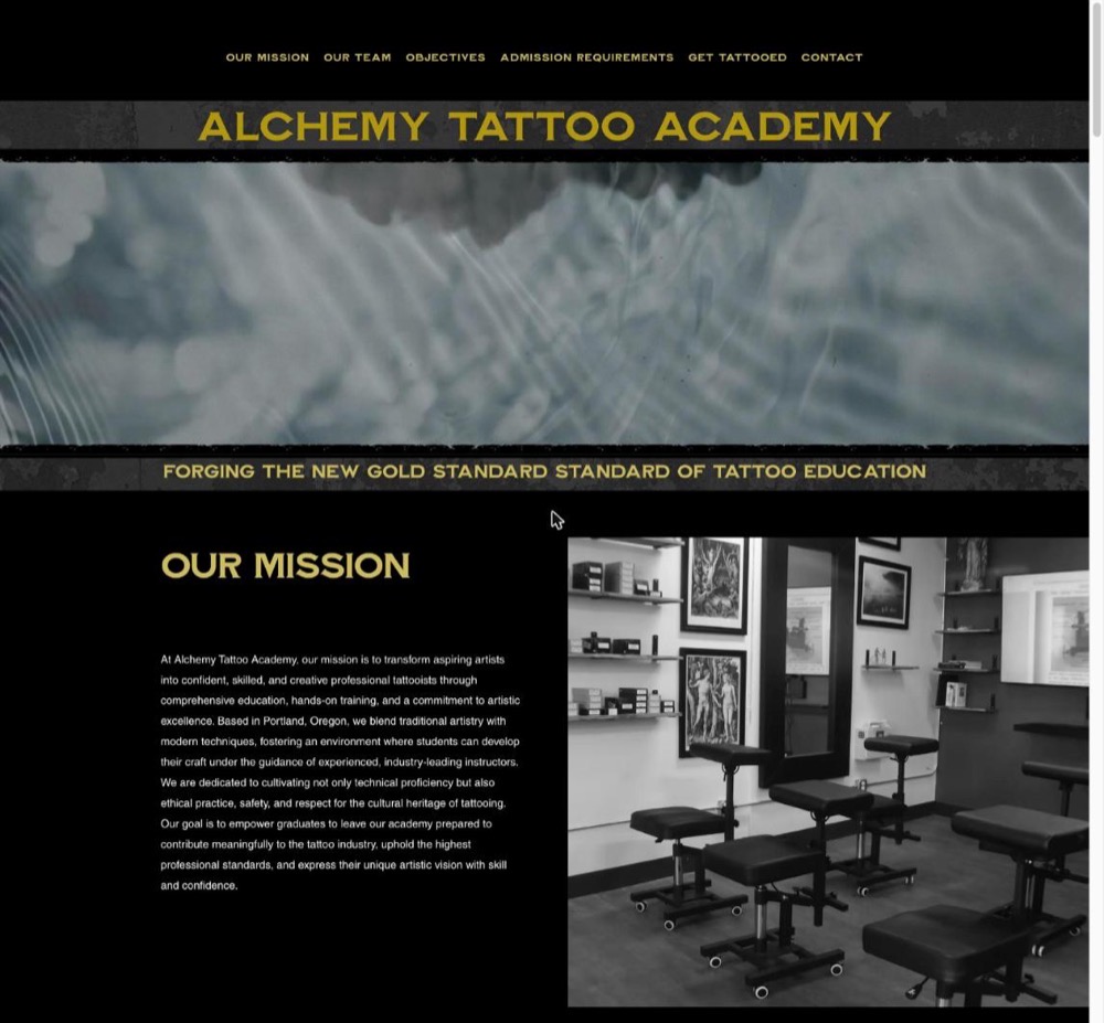 Alchemy Tattoo Academy website with a gold emblem over a smoke background