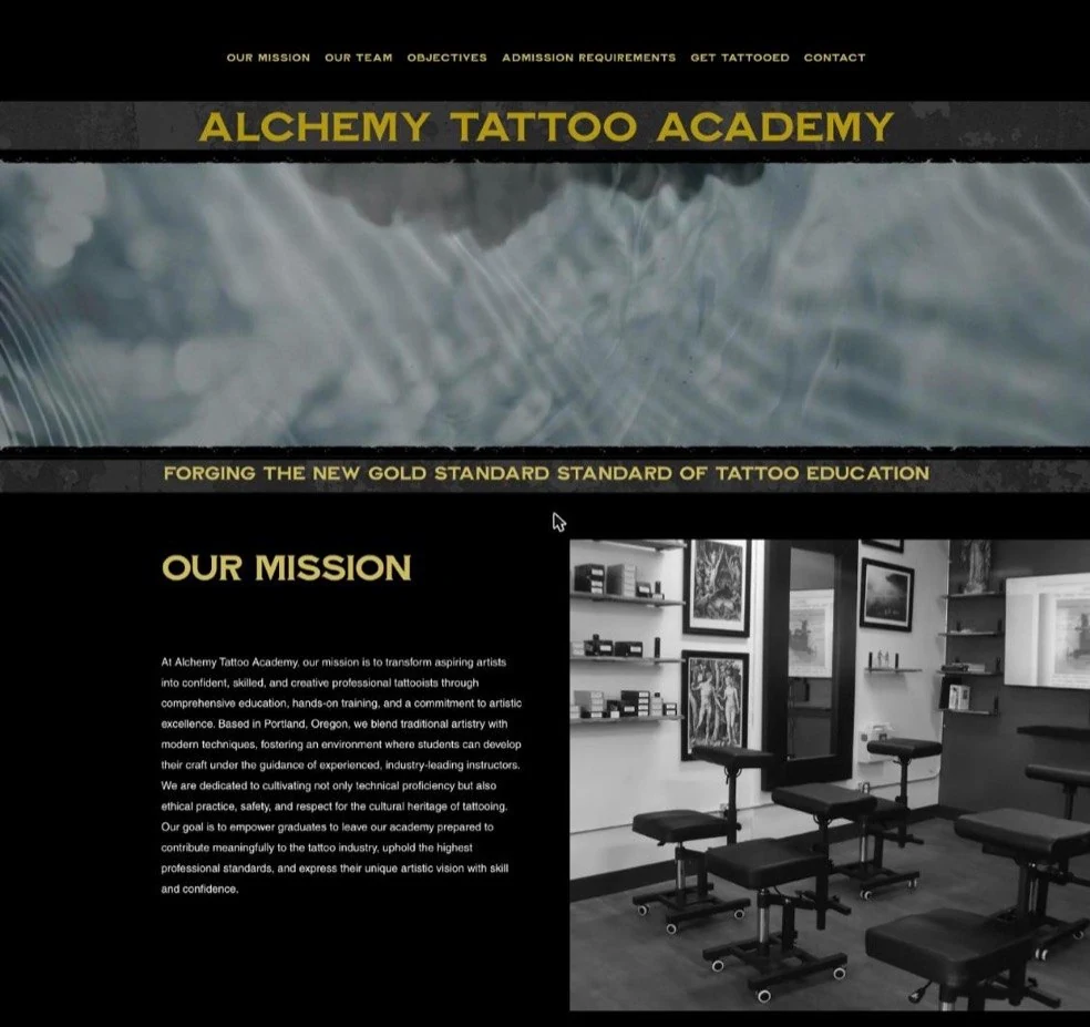 Alchemy Tattoo Academy website with a gold emblem over a smoke background