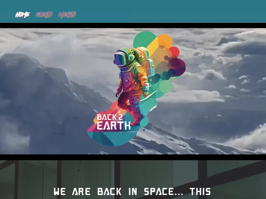 Back 2 Earth website header: a colorful astronaut logo with the Back 2 Earth wordmark over a snowy mountain scene, under a teal navigation bar