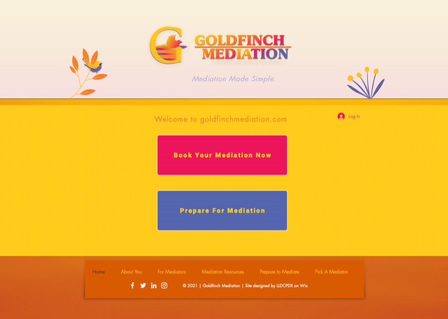 Goldfinch Mediation website with a yellow and orange palette and the line Mediation Made Simple
