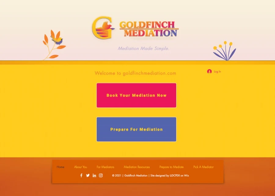 Goldfinch Mediation website with a yellow and orange palette and the line Mediation Made Simple