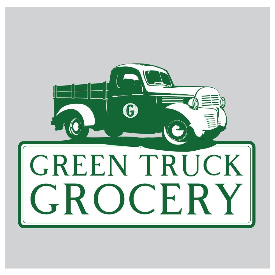 Green Truck Grocery logo, a vintage delivery truck over a license-plate-style wordmark