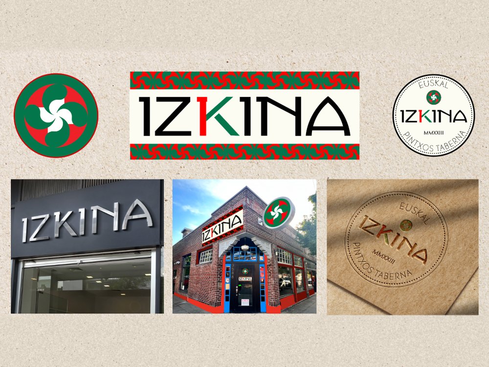 IZKINA brand board: a red, green and white lauburu mark, the IZKINA wordmark with a red and green K, a round Euskal Pintxos Taberna seal, and signage and stamp mockups