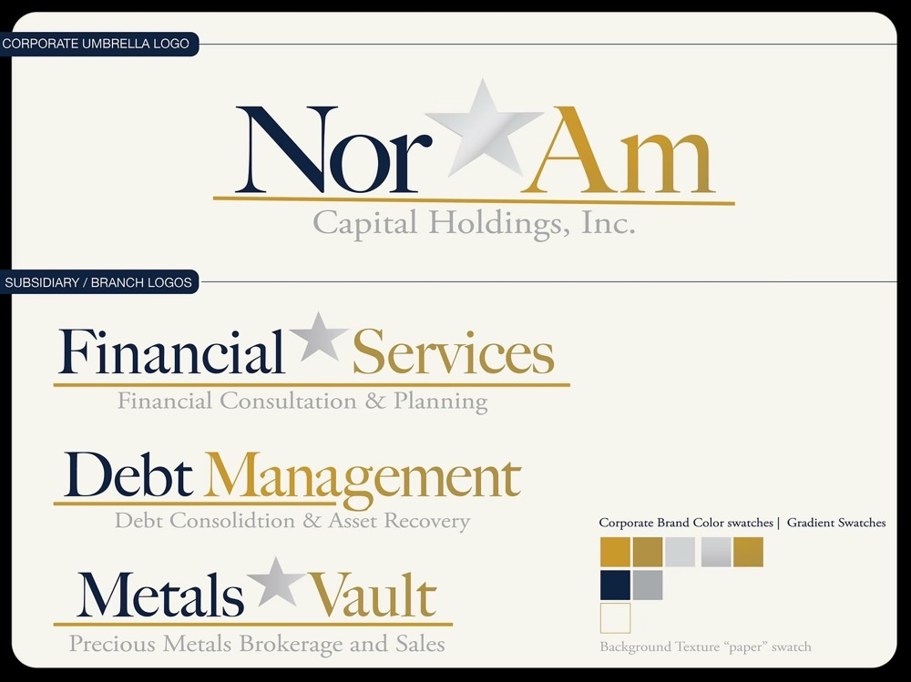 NorAm Capital Holdings brand board: corporate umbrella logo plus three subsidiary marks, Financial Services, Debt Management and Metals Vault, with a full color and gradient system
