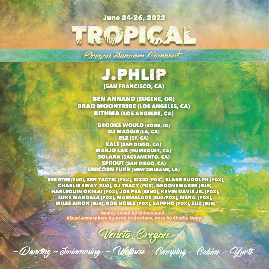 Tropical Oregon Summer Campout festival poster with a lineup list