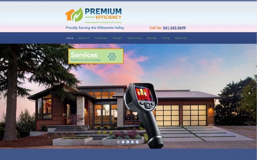 Premium Efficiency website showing a modern house and a thermal imaging camera