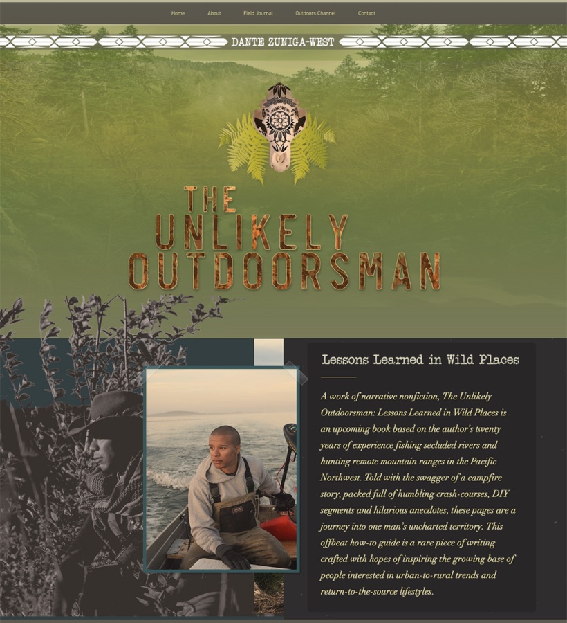 Website for The Unlikely Outdoorsman with a hand-lettered title over a forest photograph