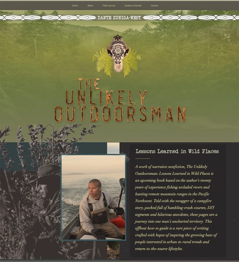 Website for The Unlikely Outdoorsman with a hand-lettered title over a forest photograph