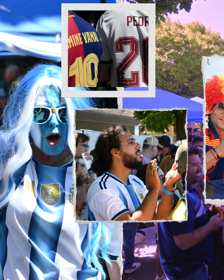 Collage of World Cup fans in torn-paper frames